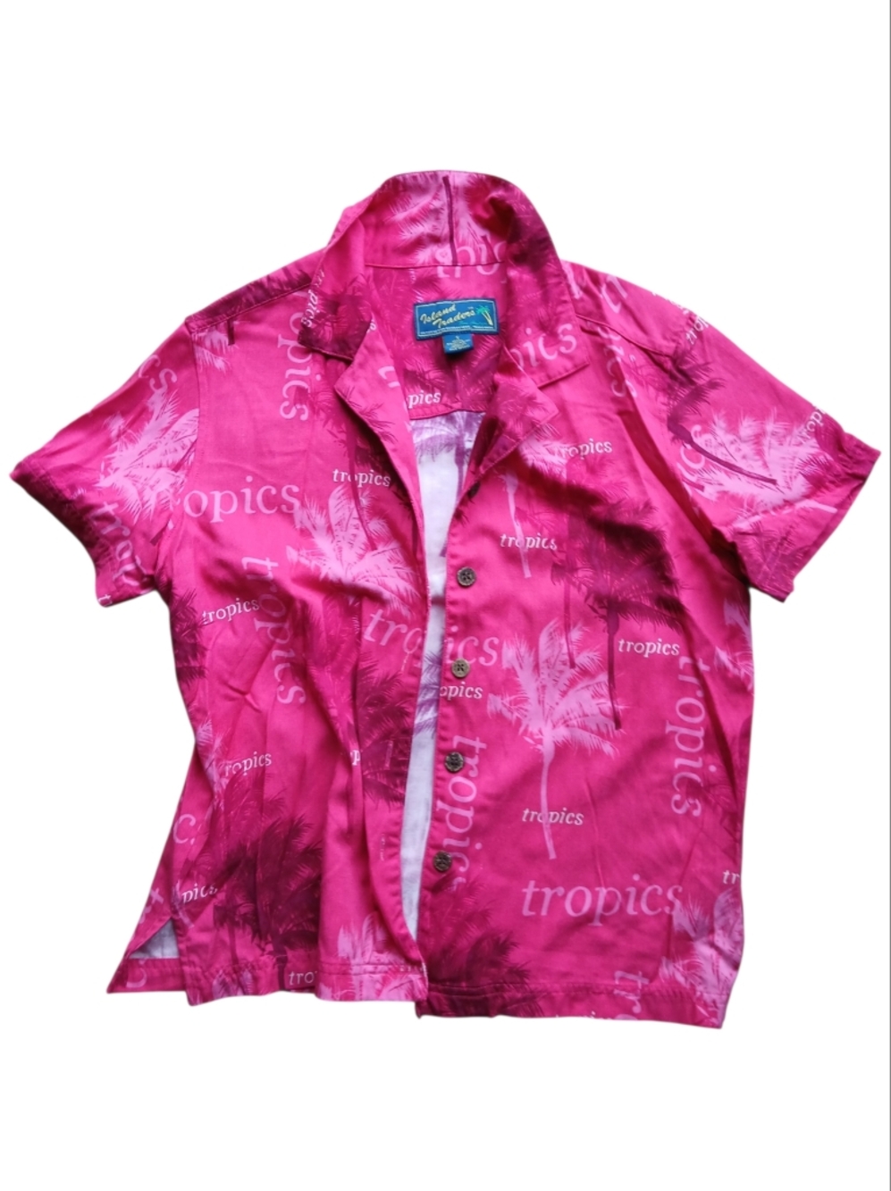 Island Traders Women's Size Small Bright Pink 'Tropics' Hawaiian Button-Up Shirt